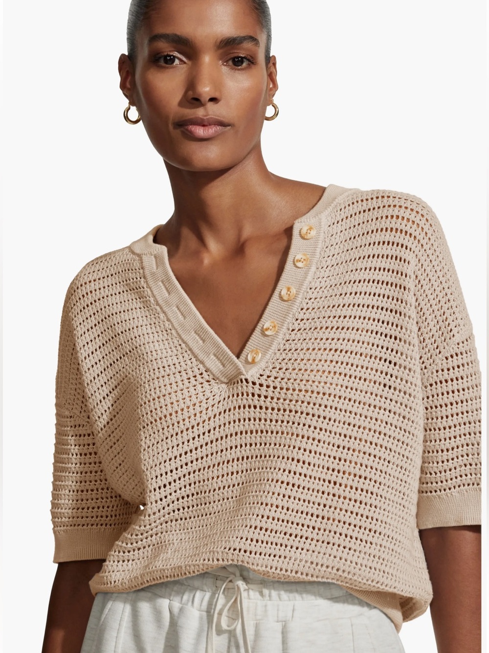 VARLEY Callie Sheer Knit Cotton Light Beige Open-Knit V-Neck Sweater Size Medium